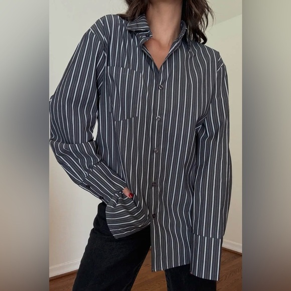 Oversized Black/White Stripe Button-Down Top - Picture 2 of 6